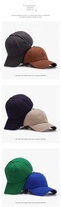 Vertical view of six minimalist cotton baseball caps in dark grey brown navy and khaki colors