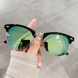 Classic semi-rimless retro sunglasses with silver rivet detail and gradient mirror lenses