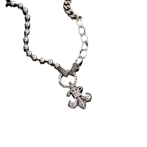 925 silver necklace with fleur-de-lis zircon pendant, ball and cuban chain mix