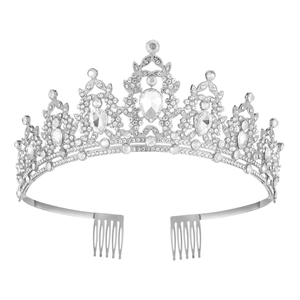 Sparkling silver bridal crown with teardrop crystals and combs on white background