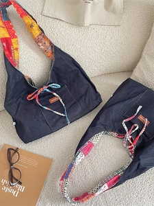 Ethnic style corduroy patchwork tote bag with colorful drawstring and patterned straps