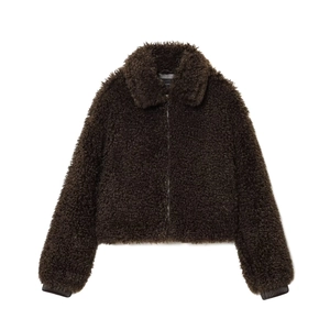 Women Faux Shearling Zip Up Jacket Teddy Fleece Solid Color Loose Fit Lapel Collar Ribbed Cuffs Casual Outerwear