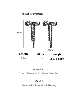 Detailed size measurement of silver bowknot tassel earrings with length and width info