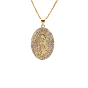 Gold plated oval Virgin Mary pendant necklace with cubic zirconia on white background