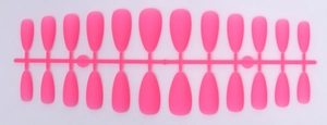 Detailed set of 24 rose pink matte almond false nails on a plastic runner frame