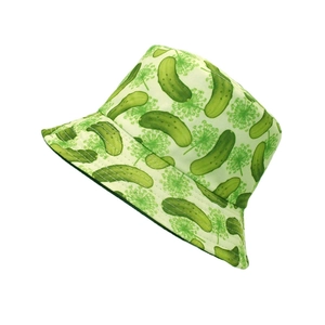 Reversible cotton bucket hat with cute pickle print pattern in light green colors