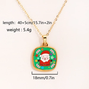 Detail of Santa Claus green enamel pendant on gold chain with 18mm size specs