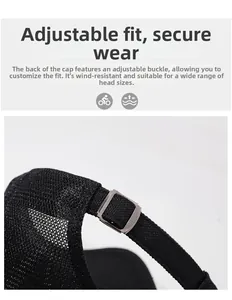 Detail of black mesh cap showing adjustable strap and breathable fabric texture