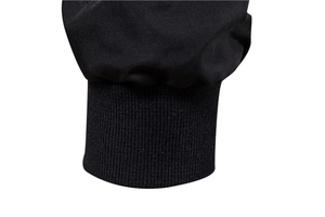 Close-up of black ribbed cuffs on casual jacket showing windproof knit and fabric texture