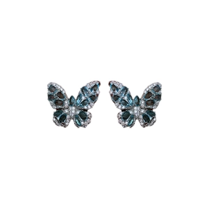 Silver needle butterfly earrings with blue pear-shaped zircon and sparkling pavé crystals