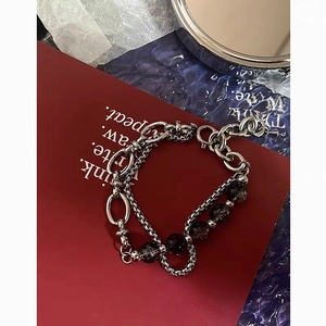 Bracelet double chaîne en acier inoxydable avec perles glacées style hip-hop mixte élégant