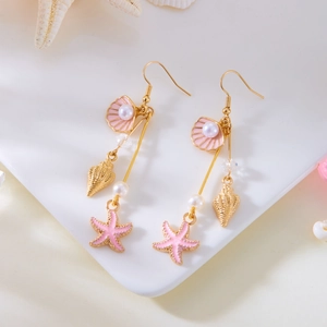 Pink starfish and seashell drop earrings with gold conch charms and white pearls