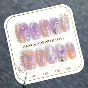 Purple Cat Eye Press On Nails Mermaid Marine Theme With 3D Jellyfish Artificial Pearls Stars Rhinestones Handmade Fake Nails