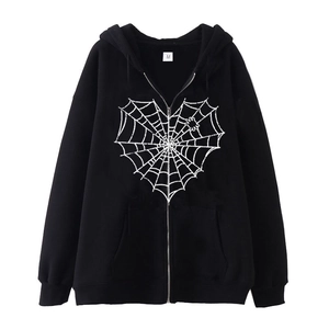 Zip Up Hoodie Spider Web Heart Print Gothic Streetwear Sweatshirt Long Sleeve Drawstring Pocket Men Women