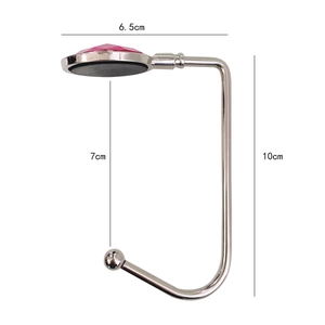 Detailed dimension guide for silver metal table hook with pink gemstone inlay decor