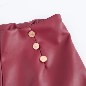 Ensemble sexy en cuir PU bordeaux avec taille haute plissée et boutons dorés en métal
