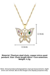Detailed view of colorful butterfly pendant with micro-pave zircons and titanium steel chain