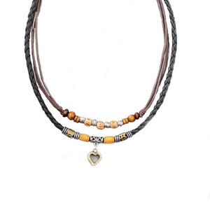 Vintage layered leather necklace with wooden beads and a hollow heart metal pendant