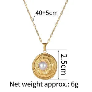 Titanium steel gold necklace with twisted pearl pendant and wavy chain details