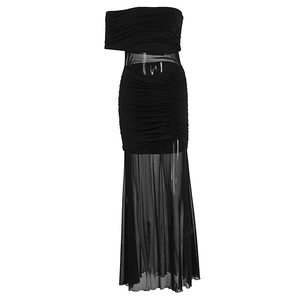 Detail of elegant black mesh patchwork maxi dress with one-shoulder pleated design