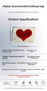 Detailed size specifications and washing instructions for the love heart linen cosmetic bag