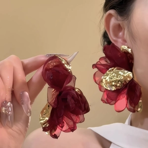 Oversized dark red chiffon flower drop earrings with golden center for a romantic look