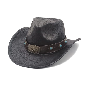Schwarzer Western Cowboyhut mit Vintage-Lederstruktur und Türkis-Sternschnallen-Detail