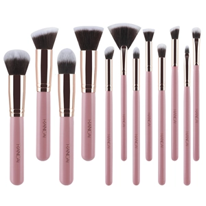 12-piece pink and rose gold makeup brush set with soft synthetic bristles and shiny handles