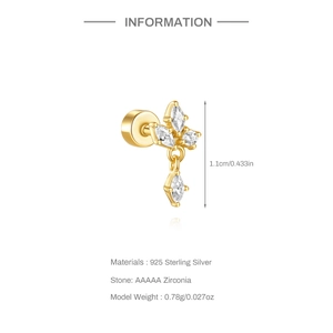 Detailed size chart showing 925 sterling silver gold flower stud with AAAAA zircon