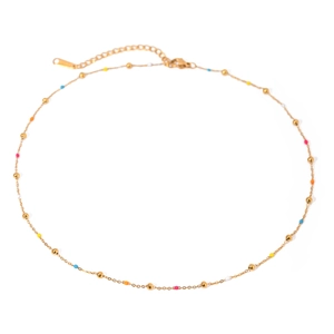 Bohemian gold stainless steel chain necklace with colorful enamel beads on white background