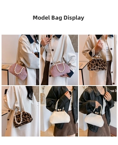 Detail of plush faux fur bags with pearl handles and straps in pink, leopard, and white