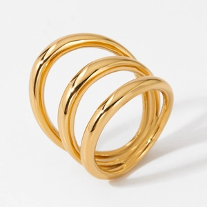 Minimalist 3-layer gold stainless steel stacked ring with a polished geometric finish