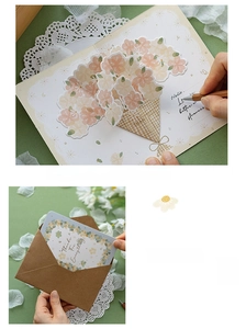 Detail of 3D pop-up floral card with intricate laser-cut bouquet and matching envelope