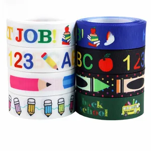 Detail of Back to School grosgrain ribbons with school bus and pencil prints