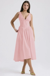 Detail view of the V-neckline and waist stitching on the pink summer maxi dress