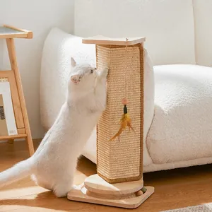 Vertical Cat Scratcher Post Sisal L-Shaped Corner Sofa Protector Wood Interactive Toy With Feather And Turntable Balls