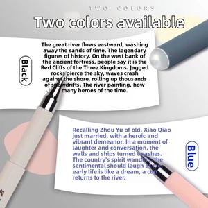 Close-up of dual-color erasable gel pens with needle point tips in black and blue ink