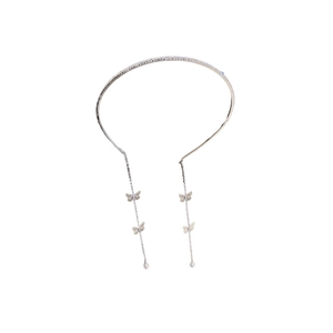 Silver headband with rhinestone butterfly charms and elegant long pearl tassels