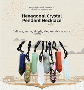 Detail of hexagonal crystal necklaces in diverse natural stones on woven cords