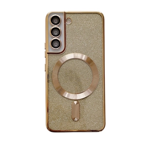 Glitter magnetic phone case for Samsung S22 with kickstand and gold electroplated finish