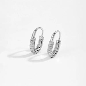 Close-up of S925 sterling silver U-shaped hoop earrings with multi-row pave zircon stones