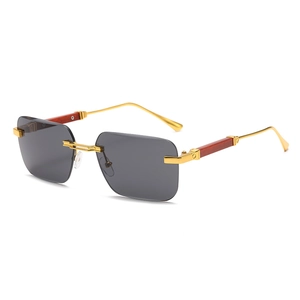 Fashion rimless square sunglasses with wood grain temples and grey lenses in 45-degree view