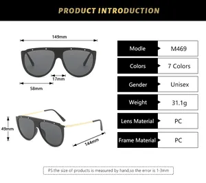 Detailed size specifications for unisex oversized square sunglasses with PC frame measurements