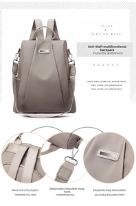 Detail view of khaki anti-theft backpack with rear security zipper and metal hardware