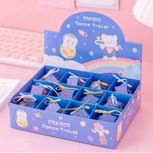 Space Travel eraser gift set with cute astronaut theme and blue decorative bow erasers