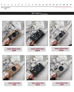 Detail view of camera-shaped handbags with ribbon scarves and chain straps in multiple colors
