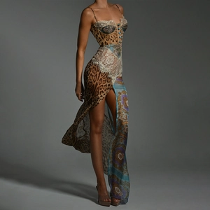 Detail showing mixed leopard print and blue baroque chiffon fabric with high slit and lace trim