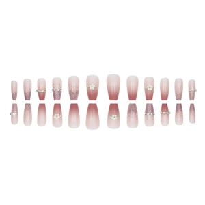 Pink ombré coffin press-on nails with 3D white flowers and glitter accents, 24 pieces set