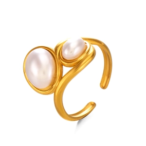Adjustable gold plated stainless steel ring with elegant double pearls on white background