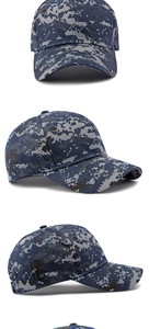 Three angles of a digital camouflage baseball cap in navy blue, grey and black shades